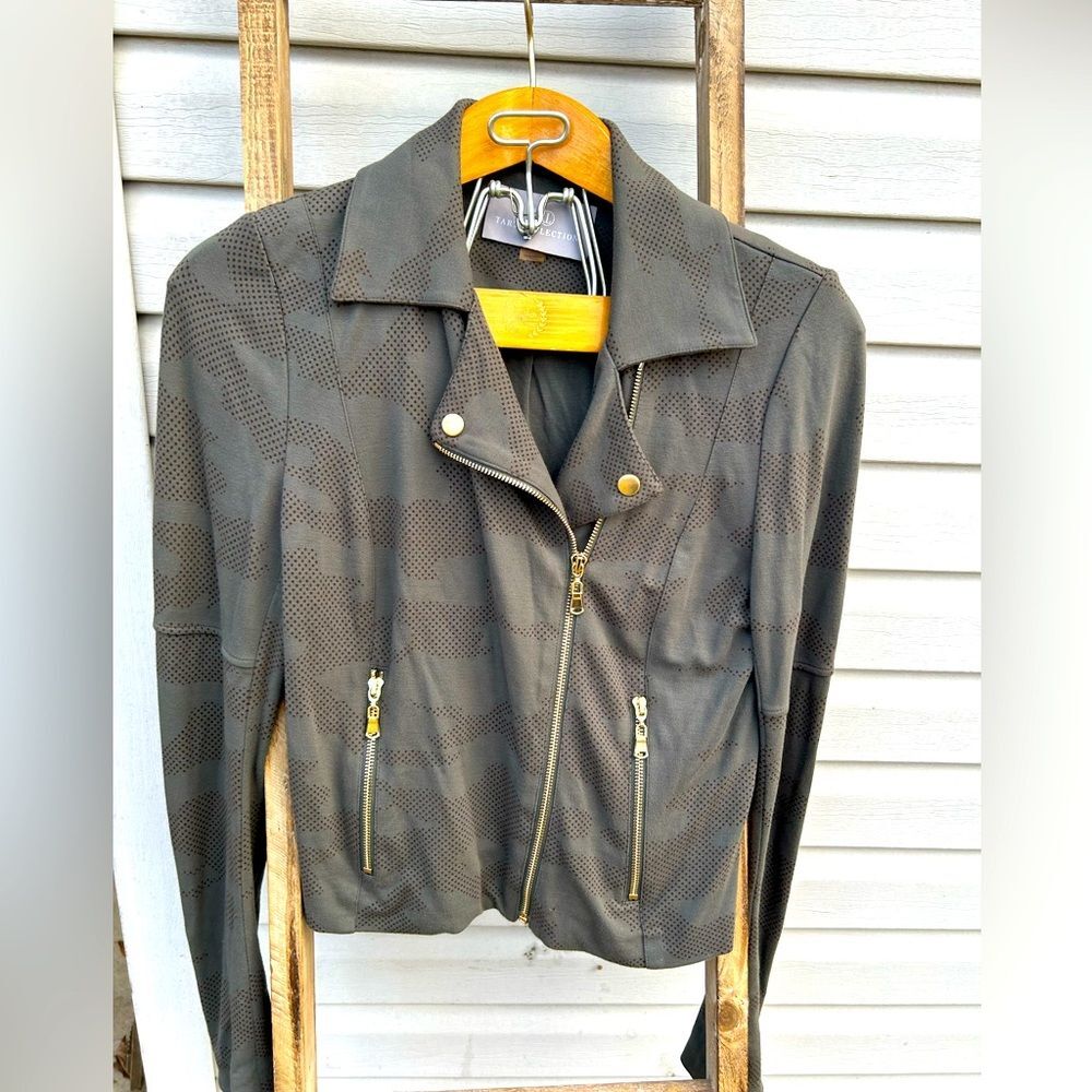 Tart Collection, camo, moto jacket Super Soft comfy green gold zipper